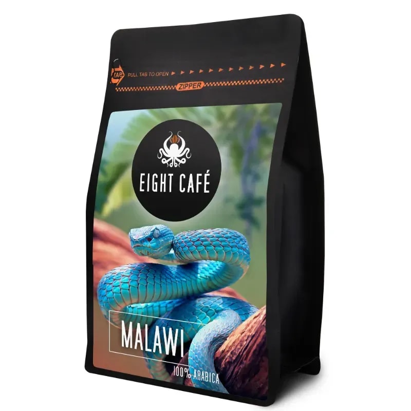 Opakowanie kawy Malawi 100% Arabica od Eight Café, z charakterystycznym designem z wizerunkiem węża. Idealna dla miłośników wyjątkowego smaku kawy, stanowi doskonały wybór do codziennego parzenia.