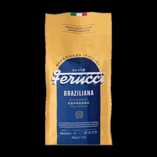 Żółte opakowanie kawy Ferrucci Braziliana, 1000g, z białym napisem 'Espresso' i flagą włoską na górze