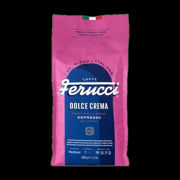 Różowe opakowanie kawy Ferrucci Dolce Crema, 1000g, z białym napisem 'Espresso' i flagą włoską na górze