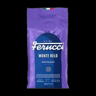 Fioletowe opakowanie kawy Ferrucci Monte Belo, 1000g, z białym napisem 'Espresso' i flagą włoską na górze