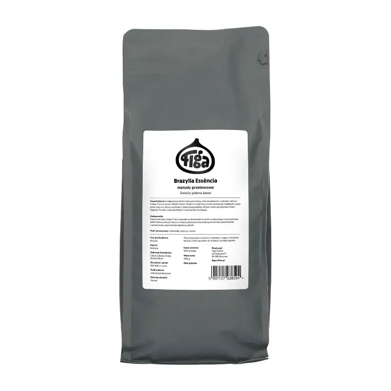 Opakowanie kawy Brazylia Essência, idealnej do parzenia metodami przelewowym, ukazuje elegancką szarość z wyraźnym logo producenta. Dzięki unikalnemu połączeniu smaków, ta kawa zapewnia wyjątkowe doświadczenia degustacyjne, wprowadzając nuty słodyczy i owocowości do Twojej filiżanki.