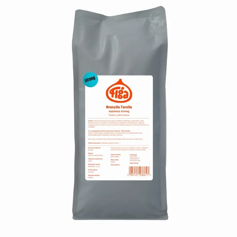 Opakowanie kawy Brazylia Tarsila Espresso Strong, wyróżniające się intensywnym smakiem i aromatem, idealne do parzenia espresso. Świeżo palona kawa 100% Arabica, doskonała dla miłośników mocniejszych naparów, dostępna w naszym sklepie internetowym.