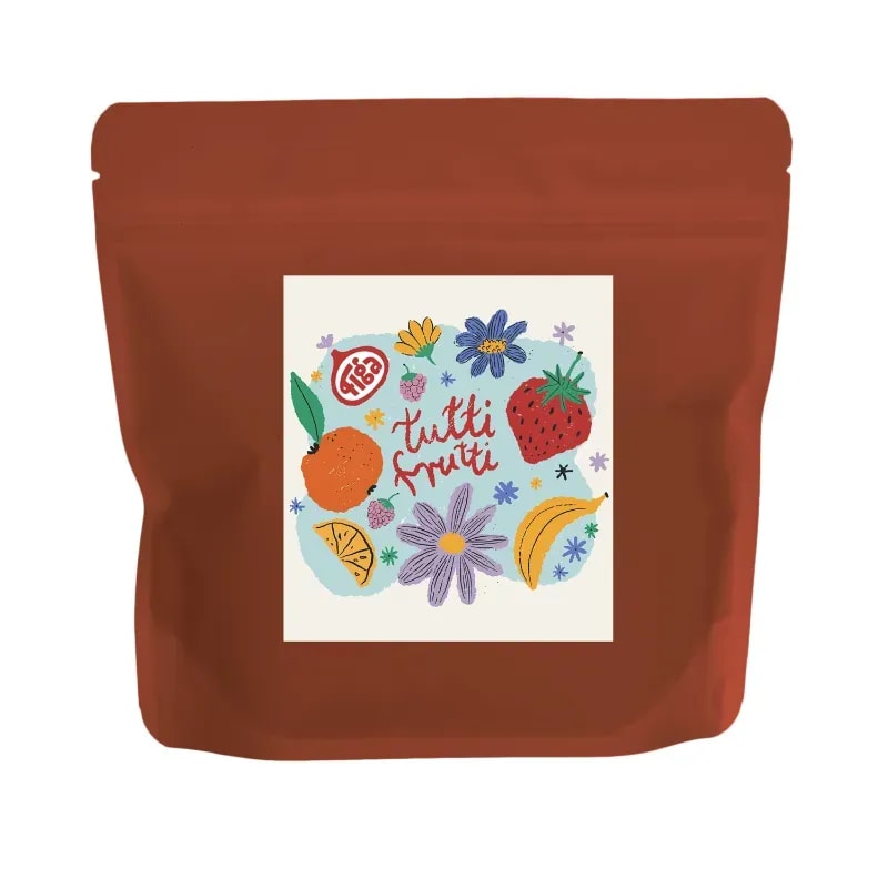 Opakowanie Tutti Frutti, zdobione kolorowym motywem owoców i kwiatów, idealnie oddaje radosny charakter tego produktu. Doskonały wybór na każdą porę roku, oferująca świeży smak, który orzeźwia i pobudza zmysły.