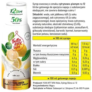 Syrop FruttaMax RADLER CYTRYNOWY Light 500 ml na 12 litrów
