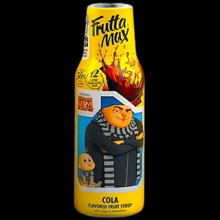 Frutta Max Minions Cola – syrop owocowy o intensywnym smaku coli z limitowanej edycji inspirowanej filmem "Despicable Me 4". Zawiera 50% owoców, idealny do przygotowania 12 litrów napoju. Butelka ozdobiona postacią Gru i małego Agnes sprawia, że produkt jest świetnym wyborem dla fanów Minionków i smakoszy coli.