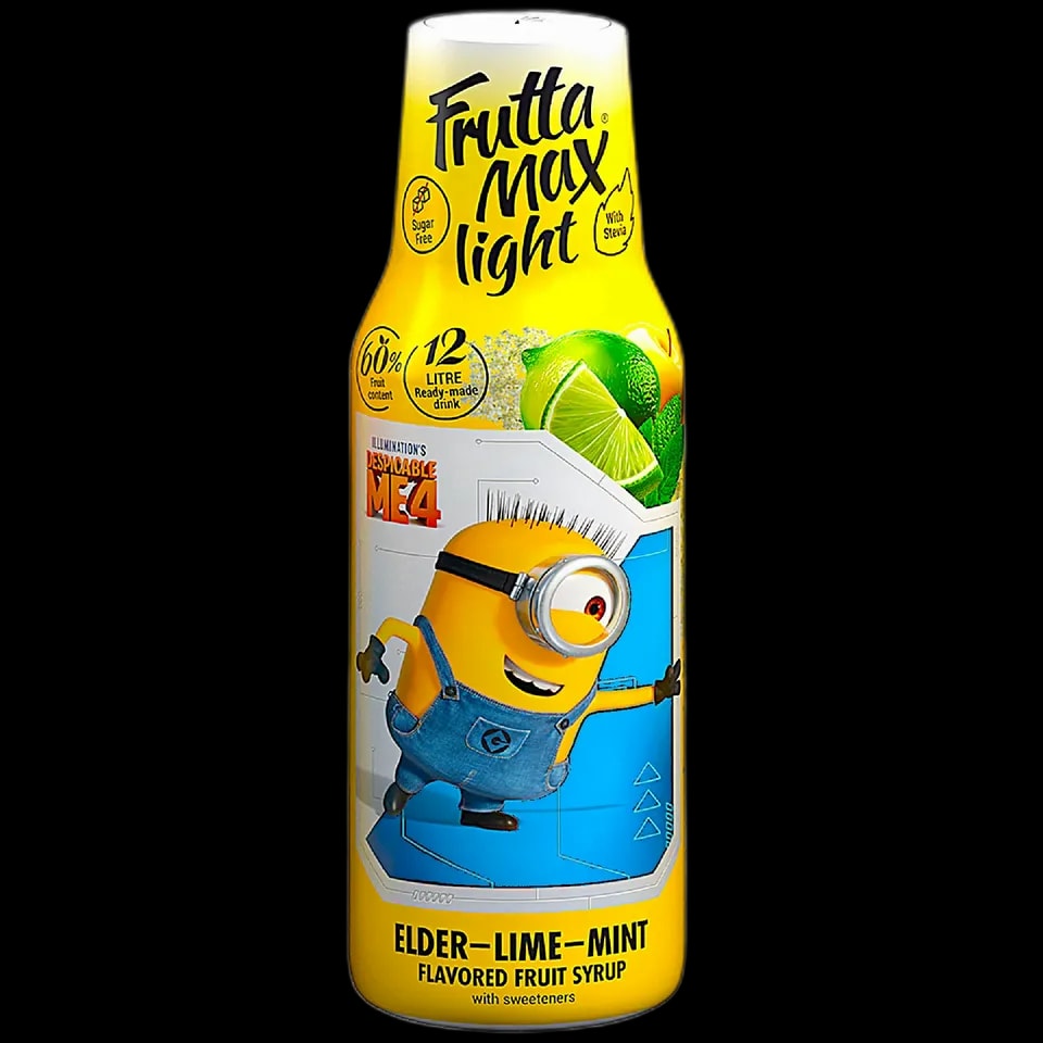 Frutta Max Minions Elder-Lime-Mint – syrop owocowy o orzeźwiającym smaku czarnego bzu, limonki i mięty. Edycja inspirowana filmem "Despicable Me 4" z postacią Minionka na butelce. Zawiera 60% owoców, bez dodatku cukru, słodzony stewią. Idealny do przygotowania 12 litrów napoju dla miłośników lekkich i świeżych smaków.