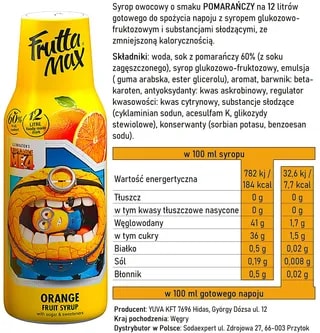 Syrop FruttaMax MINIONKI POMARAŃCZA 500ml na 12 litrów