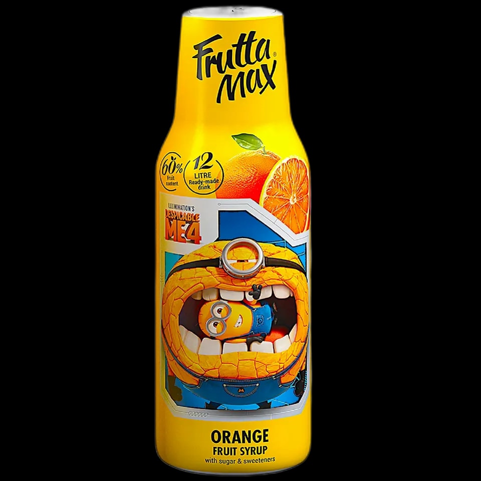 Frutta Max Minions Pomarańcza – syrop owocowy o intensywnym smaku soczystej pomarańczy, zawierający 60% owoców. Umożliwia przygotowanie aż 12 litrów napoju. Wzbogacony cukrem i słodzikami, idealny do rozcieńczania z wodą. Opakowanie ozdobione grafiką Minionka z filmu "Despicable Me 4". Doskonały wybór dla fanów cytrusowych napojów i kreatywnych smaków.