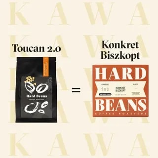 Opakowanie kawy Toucan 2.0 od Hard Beans Coffee Roasters, obok którego znajduje się opakowanie słodkiego biszkoptu w wersji klasycznej. Idealny zestaw do parzenia doskonałego espresso podkreślającego smak idealnie skomponowanego biszkoptu.