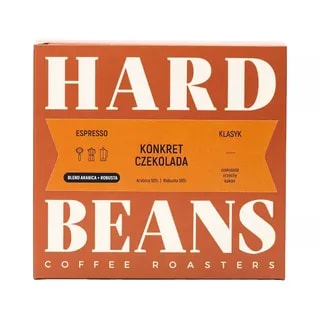 Opakowanie kawy espresso Hard Beans Konkret Czekolada 250g, łączącej w sobie aromatyczne nuty czekolady, orzechów i kakao. Idealny wybór dla miłośników klasycznych smaków, którzy cenią sobie wysoką jakość ziaren Arabica i Robusta.