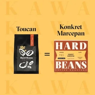 Opakowanie kawy Hard Beans z serii Toucan o wadze 250g, idealnej do przygotowania aromatycznego espresso. Obraz przedstawia również słodką przekąskę Konkretny Marcepan, tworzące doskonałą parę do codziennych rytuałów kawowych.