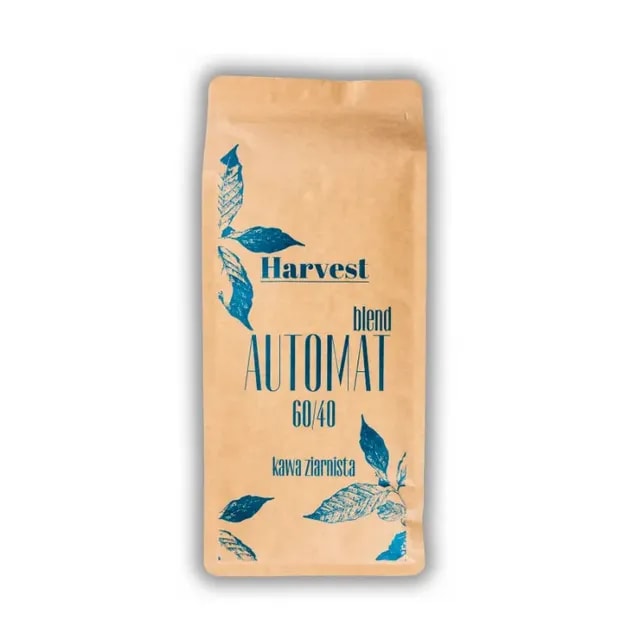 Opakowanie kawy ziarnistej Harvest Blend Automat 60/40 wyróżnia się eleganckim designem z naturalnymi akcentami. Idealna propozycja dla miłośników kawy, łącząca doskonały smak z wysoką jakością ziaren, zapewnia przyjemność w każdej filiżance.