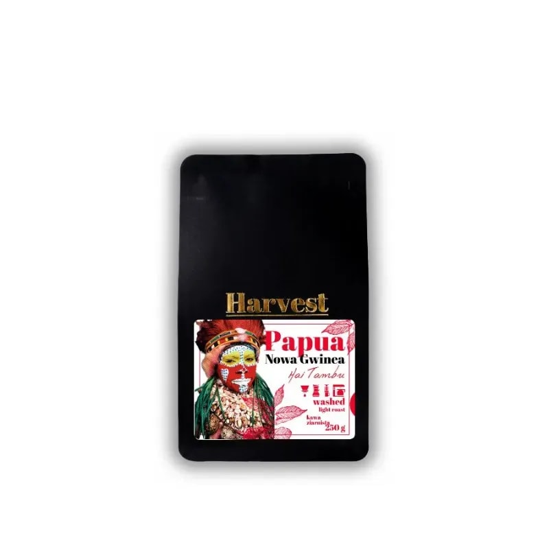 Opakowanie kawy Papuńskiej z Papui Nowej Gwinei o wadze 250 g, charakteryzujące się bogatym smakiem i aromatem. Idealna do parzenia w ekspresie lub metodami alternatywnymi, ta kawa będzie doskonałym wyborem dla koneserów.
