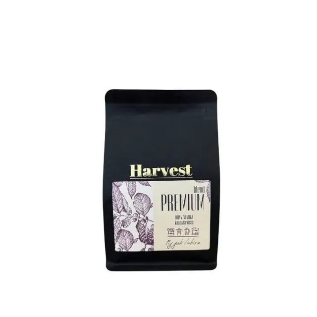Opakowanie premium kawy Harvest zawiera mieszankę 100% arabiki, idealne dla miłośników intensywnych smaków. Doskonała do parzenia w ekspresie, jej wyjątkowy aromat zadowoli każdego konesera kawy.