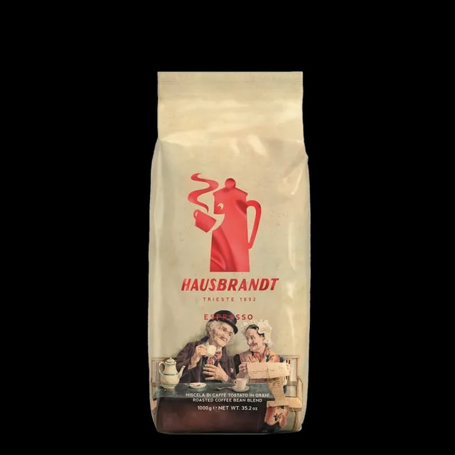 Kawa ziarnista Hausbrandt Espresso 1kg w eleganckim beżowym opakowaniu z czerwoną grafiką i wizerunkiem starszej pary na dole