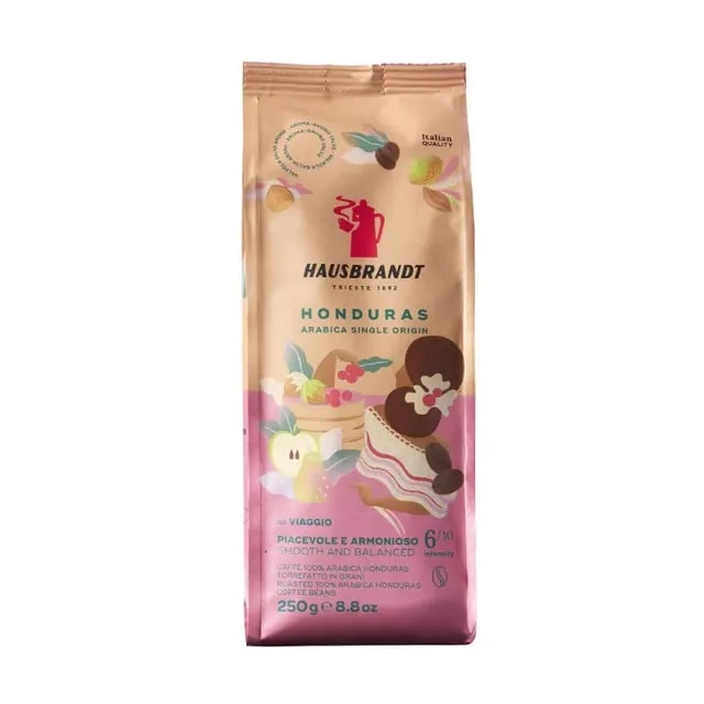 Opakowanie kawy Hausbrandt Honduras z certyfikowanymi ziarnami Arabiki, idealne dla miłośników aromatycznych naparów. Produkt charakteryzuje się zbalansowanym smakiem i intensywnością 6/10, doskonały do codziennego parzenia.