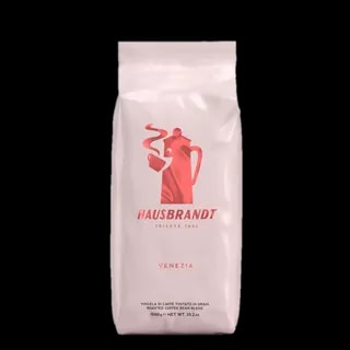 Białe opakowanie kawy Hausbrandt Venezia 1 kg z czerwoną grafiką dzbanka i kubka