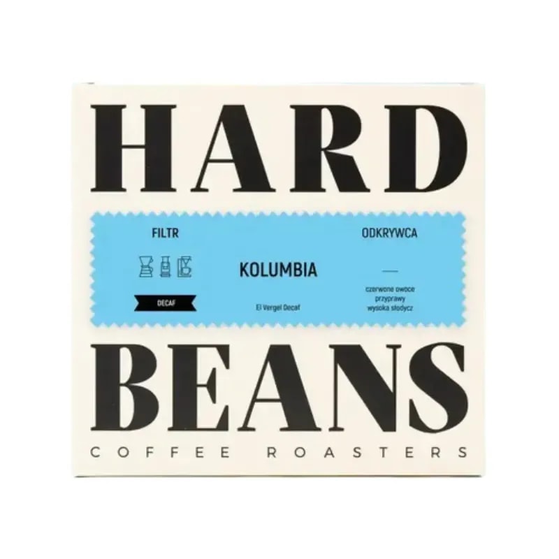 Opakowanie kawy dekaf z Kolumbii od Hard Beans, idealne do parzenia w filtrze. Aromatyczne nuty czerwonych owoców oraz wysokiej słodyczy sprawiają, że jest to doskonały wybór dla miłośników łagodnej kawy.