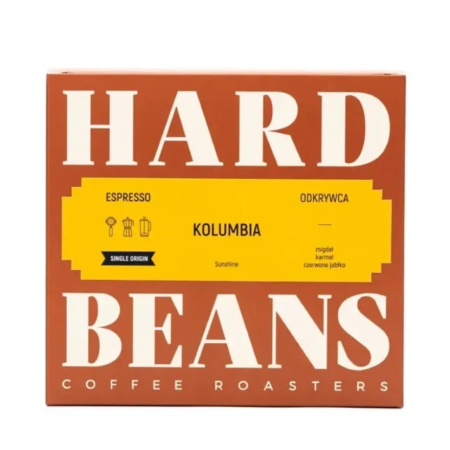Opakowanie kawy kolumbijskiej espresso od Hard Beans, idealnej dla miłośników aromatycznych naparów. Wyróżnia się nutami migdałów, karmelu i czerwonych jabłek, co czyni ją doskonałym wyborem do codziennego picia oraz wyjątkowych okazji.
