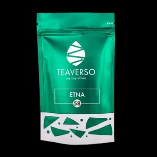 Opakowanie herbaty Teaverso Etna w zielonym woreczku z logo Teaverso i napisem 'my cup of tea'.