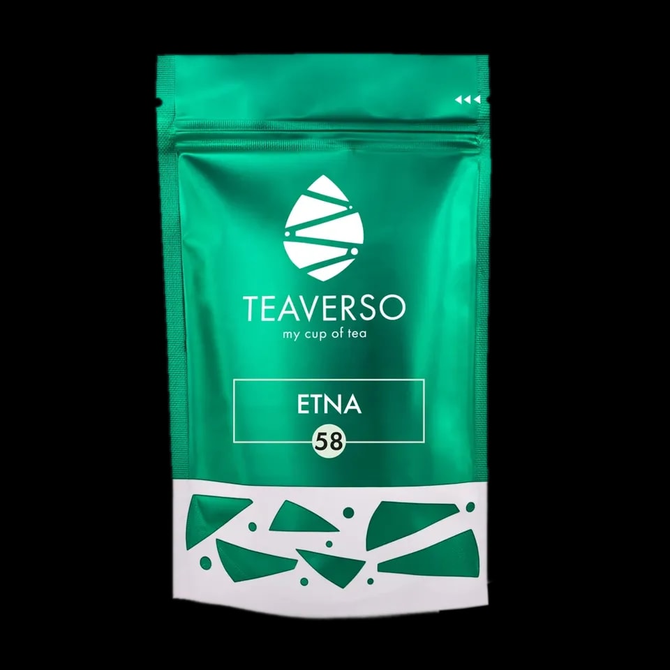 Opakowanie herbaty Teaverso Etna w zielonym woreczku z logo Teaverso i napisem 'my cup of tea'.