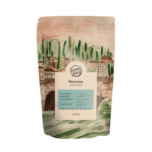 Opakowanie kawy Werona Blend Arabika o wadze 250g, pochodzącej z Peru i Brazylii, charakteryzujące się niską kwasowością i delikatnym smakiem czekolady. Idealna do przygotowania w ekspresach ciśnieniowych oraz alternatywnych metodach parzenia, sprawi, że każde parzenie kawy stanie się wyjątkowym doświadczeniem.