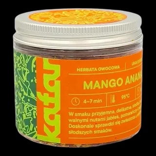 Herbata owocowa Mango Ananas od Kafar w szklanym słoiczku z pomarańczową etykietą. Połączenie egzotycznych nut mango i ananasa z delikatną słodyczą jabłek i pomarańczy. Idealna na zimowe wieczory oraz chwile relaksu, przyciąga aromatem i orzeźwiającym smakiem. Perfekcyjny wybór dla miłośników owocowych herbat o tropikalnym charakterze.