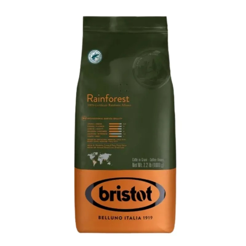 Paczka kawy w ziarnach Bristot Rainforest o wadze 1000g, wykonana z wysokiej jakości arabiki. Ten certyfikowany produkt zrównoważonego rozwoju zapewnia wyjątkowy smak i aromat, idealny dla miłośników kawy.
