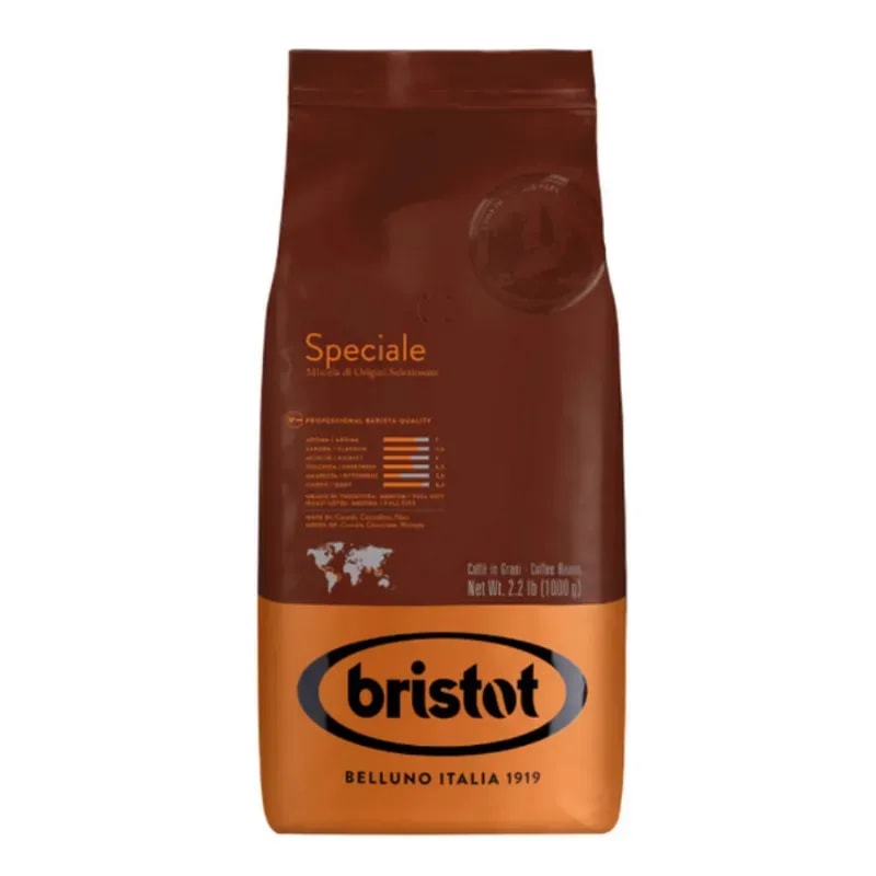 Opakowanie kawy Bristot Speciale o wadze 1 kg, idealne dla miłośników aromatycznego espresso. Wysokiej jakości mieszanka ziaren zapewnia intensywny smak i bogaty aromat, doskonała do przygotowania kawy w domowym zaciszu lub w kawiarniach.