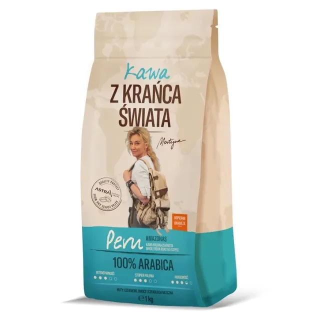 Opakowanie kawy 100% Arabica z Krańca Świata, pochodzącej z Amazońskich plantacji, idealne dla miłośników wysokiej jakości aromatycznych napojów. Zawiera nuty czerwonych owoców i czekolady, doskonała do parzenia w ekspresie lub french pressie.