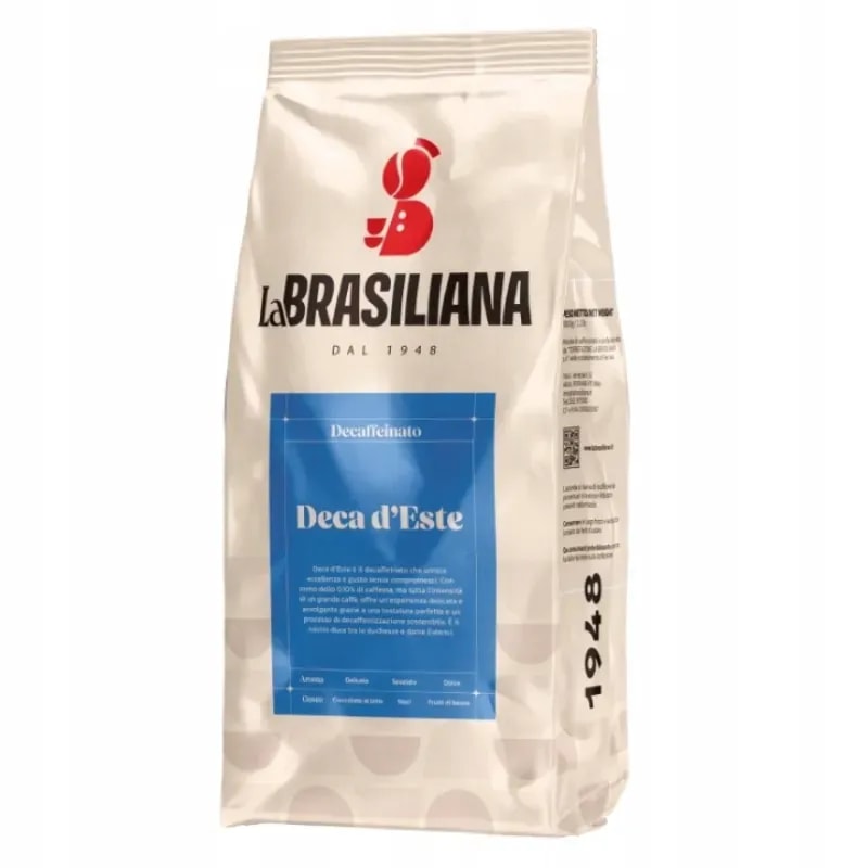 Opakowanie kawy bezkofeinowej La Brasiliana Deca d'Este o wadze 250g. Idealna dla miłośników aromatycznego napoju, którzy unikają kofeiny, oferując doskonały smak i jakość od 1948 roku.