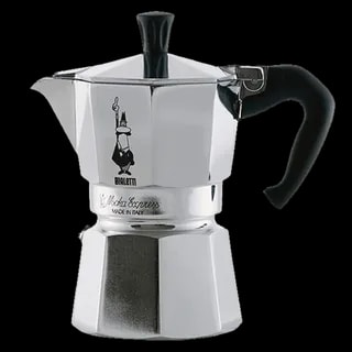 Klasyczna srebrna kawiarka Bialetti Moka Express o pojemności 3 filiżanek, z czarnym uchwytem i logo Bialetti, idealna do parzenia tradycyjnej włoskiej kawy na kuchenkach gazowych i elektrycznych.