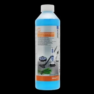 Butelka 500 ml koncentratu czyszczącego Scanpart przeznaczonego do robotów mopujących i odkurzaczy z funkcją mycia podłóg, z wyraźnym oznaczeniem sosnowego zapachu. Etykieta zawiera ilustracje kompatybilnych urządzeń oraz informacje o zastosowaniu środka do różnych rodzajów podłóg i powierzchni.