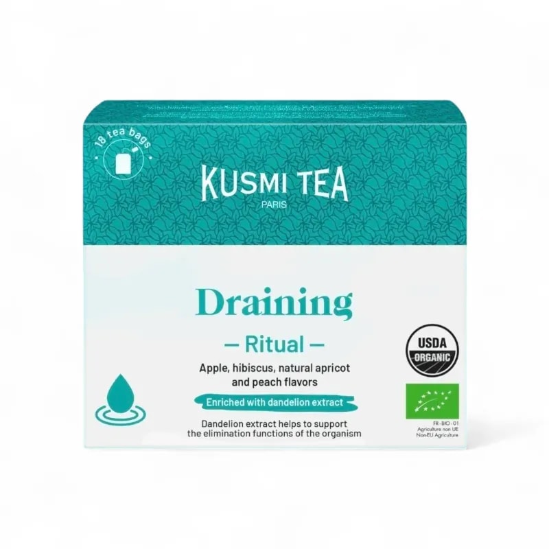 Opakowanie herbaty Kusmi Tea Draining Ritual, które zawiera 18 torebek, zostało wzbogacone o ekstrakt z mniszka lekarskiego oraz naturalne smaki jabłka, hibiskusa, moreli i brzoskwini. Idealna do wspierania funkcji eliminacyjnych organizmu, ta ekologiczna herbata jest doskonałym wyborem dla miłośników zdrowych naparów.
