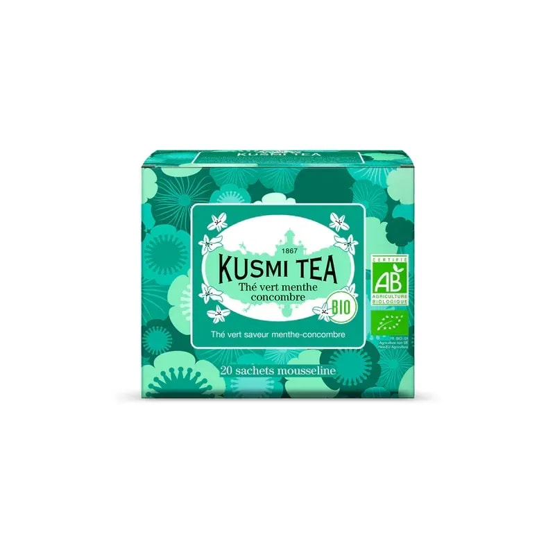 Opakowanie zielonej herbaty Kusmi Tea z miętą i ogórkiem, zawierające 20 saszetek. Ten organiczny napar zapewnia orzeźwiające doznania smakowe, idealne na gorące dni lub jako relaksujący napój.