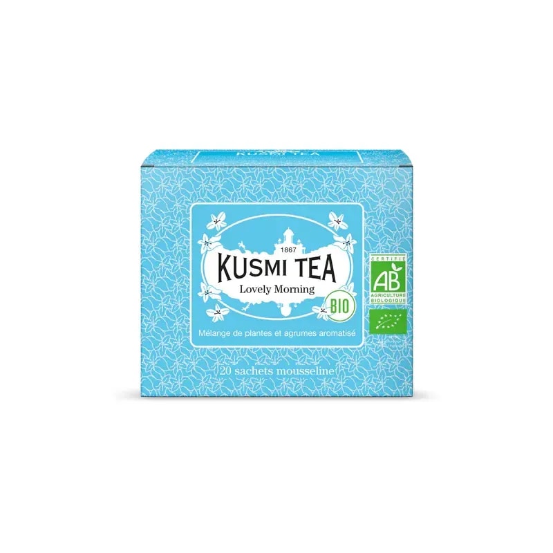 Opakowanie herbaty Kusmi Tea Lovely Morning zawiera 20 ekologicznych saszetek z mieszanką ziół i owoców cytrusowych. Idealna na poranek, ta aromatyczna herbata dostarcza energii i orzeźwienia, doskonale wpisując się w ofertę naszego sklepu z kawą i herbatą.