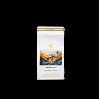 Opakowanie kawy LaCava Colombia El Diviso, 250 g, z artystycznym motywem fal, kawa specialty o owocowym smaku i wyjątkowym profilu z regionu Huila w Kolumbii.