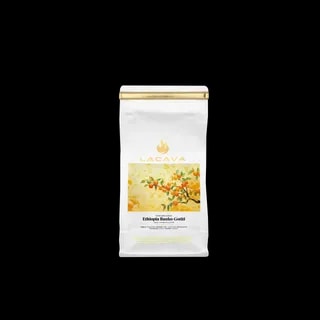 Opakowanie kawy LaCava Ethiopia Banko Gotiti, 250 g, z delikatnym motywem żółtych kwiatów, kawa specialty o złożonym smaku pochodząca z regionu Yirgacheffe w Etiopii.