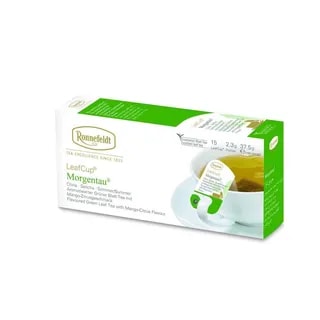 Opakowanie herbaty Ronnefeldt LeafCup Morgentau. Zawiera 15 saszetek herbaty liściastej o smaku Morgentau. Widoczna filiżanka z zaparzoną herbatą i torebką Ronnefeldt. Na opakowaniu znajduje się logo marki, oraz informacje o gramaturze: 2,3g x 15 sztuk (37,5g netto).