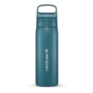 Butelka LifeStraw Go 2.0 Steel o pojemności 0,5 litra w kolorze laguna teal, wykonana ze stali nierdzewnej, z białym logo i dużym uchwytem, ustawiona na jasnym tle.