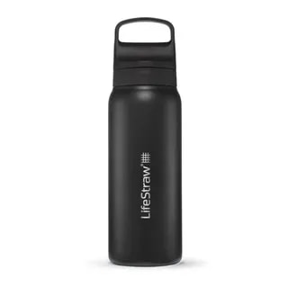 Czarna butelka LifeStraw Go 2.0 Steel o pojemności 0,7 litra z białym logo i poręcznym uchwytem, wykonana z trwałej stali nierdzewnej, widoczna na jasnym tle.