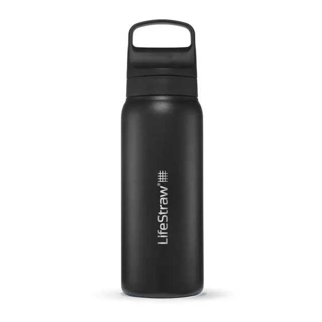 Czarna butelka LifeStraw Go 2.0 Steel o pojemności 0,7 litra z białym logo i poręcznym uchwytem, wykonana z trwałej stali nierdzewnej, widoczna na jasnym tle.