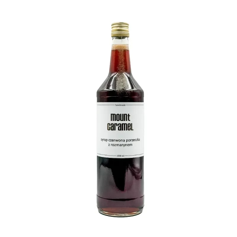 Szklana butelka o pojemności 1000 ml zawierająca syrop z czerwonej porzeczki z dodatkiem rozmarynu. Idealny do aromatyzowania kawy, herbaty oraz różnorodnych napojów, wnosząc wyjątkowy smak do codziennych przyjemności.
