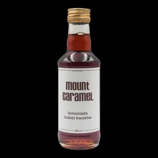 Mała przezroczysta butelka z ciemną lemoniadą 'Bukiet Kwiatów' Mount Carmel, ręcznie robiona, o pojemności 200 ml, z białą etykietą informującą o smaku i marce