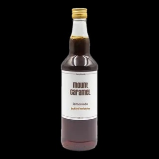 Średnia przezroczysta butelka z ciemną lemoniadą 'Bukiet Kwiatów' Mount Carmel, ręcznie robiona, o pojemności 500 ml, z białą etykietą informującą o smaku i marce