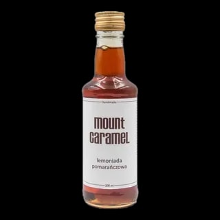 Mała przezroczysta butelka z lemoniadą pomarańczową Mount Carmel, ręcznie robiona, o pojemności 200 ml, z białą etykietą informującą o smaku i marce