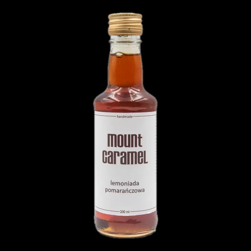 Mała przezroczysta butelka z lemoniadą pomarańczową Mount Carmel, ręcznie robiona, o pojemności 200 ml, z białą etykietą informującą o smaku i marce