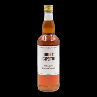 Butelka przezroczysta z lemoniadą pomarańczową Mount Carmel, ręcznie robiona, o pojemności 500 ml, z prostą białą etykietą, prezentująca nazwę i smak produktu