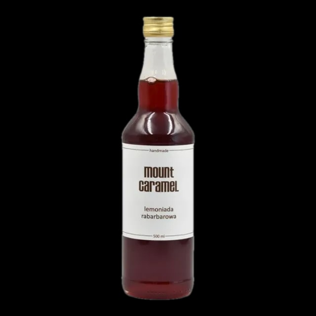 Duża przezroczysta butelka z czerwoną lemoniadą 'Rabarbarowa' Mount Carmel, ręcznie robiona, o pojemności 500 ml, z białą etykietą informującą o smaku i marce
