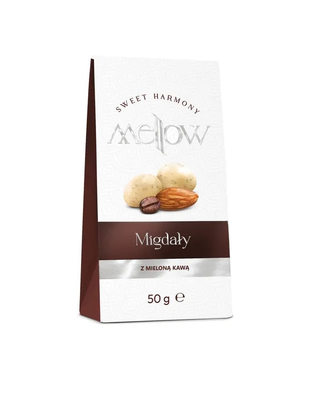 Opakowanie migdałów Mellow z mieloną kawą 50g – połączenie chrupiących orzechów i intensywnego aromatu kawy, dostępne w sklepie Coffee Selection jako idealna słodka przekąska do filiżanki espresso lub latte.